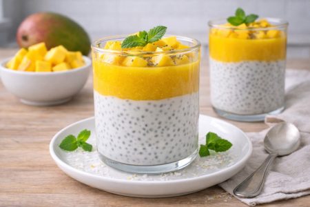 Receta Gatimi me Kefir - Receta të Shëndetshme dhe të Detajuara - nga edesia.al  pudding me mango fara chia dhe kefir
